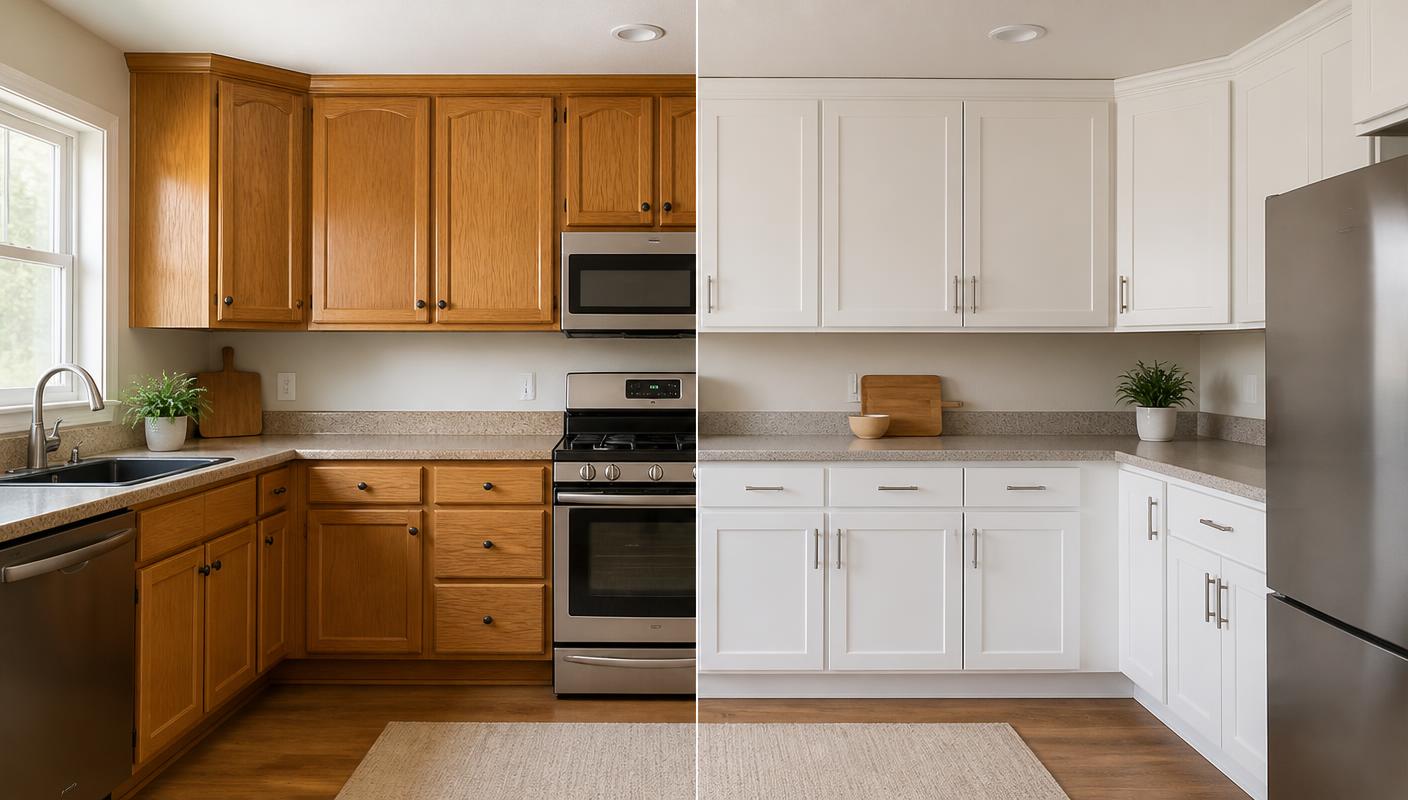 Before and after of Delray Beach kitchen cabinets: worn honey oak doors on the left, the same cabinets refinished in smooth satin white with brushed nickel hardware on the right