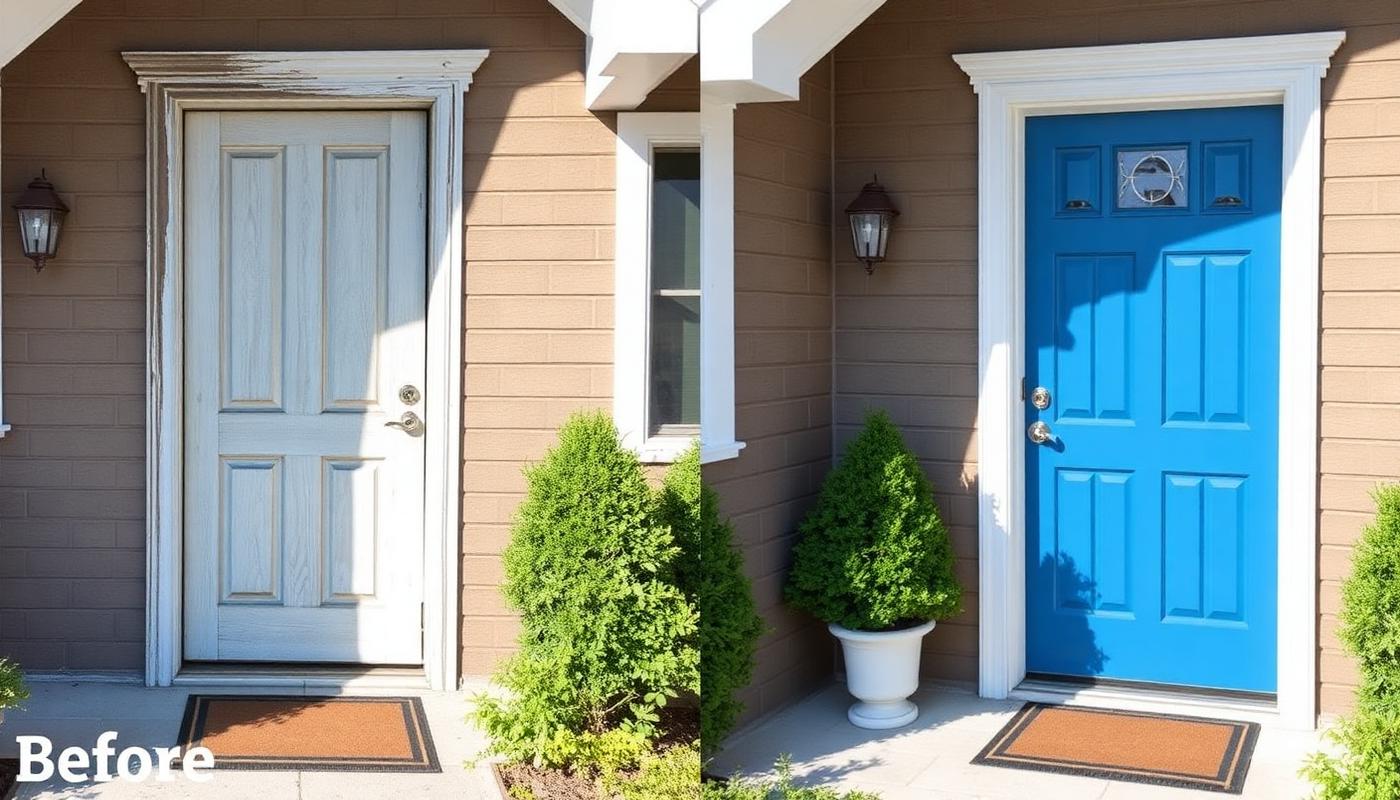 Before and after of a West Palm Beach front entry: sun-bleached peeling wood door and trim on the left, the same door painted deep coastal blue with fresh white trim on the right