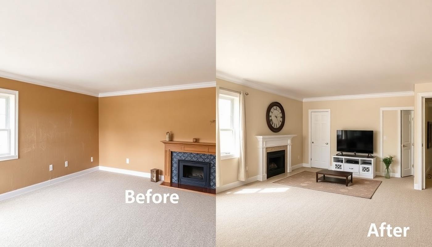 Before and after of a Boynton Beach living room: scuffed dated tan walls on the left, the same room repainted a soft warm greige with crisp white trim on the right