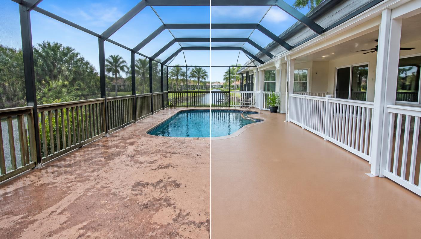 Before and after of a Jupiter screened pool deck: stained, faded deck coating and weathered railings on the left, freshly coated deck and clean white railings on the right