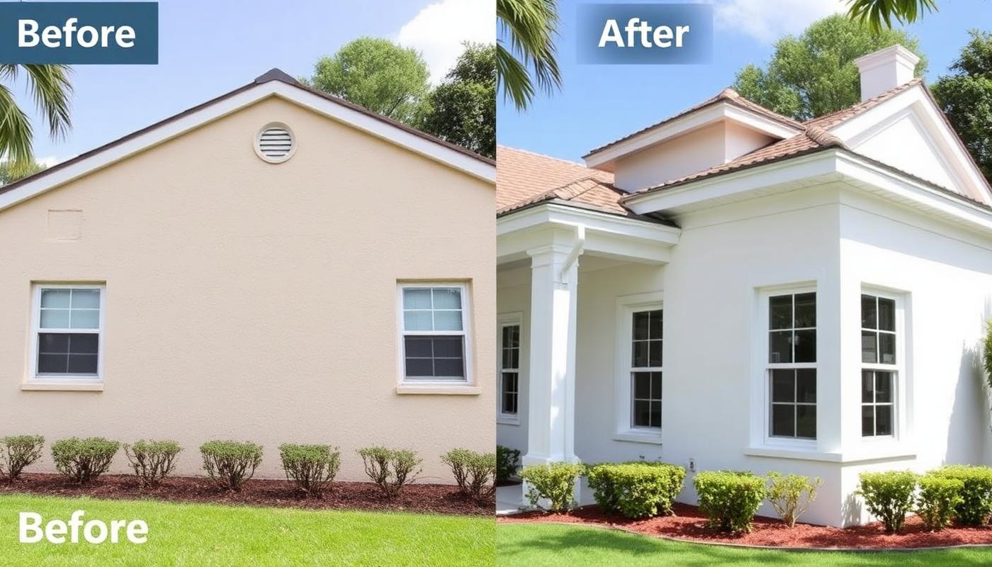 Before and after of a Wellington stucco home exterior: faded chalky beige stucco on the left, the same house repainted crisp warm white with clean white trim on the right